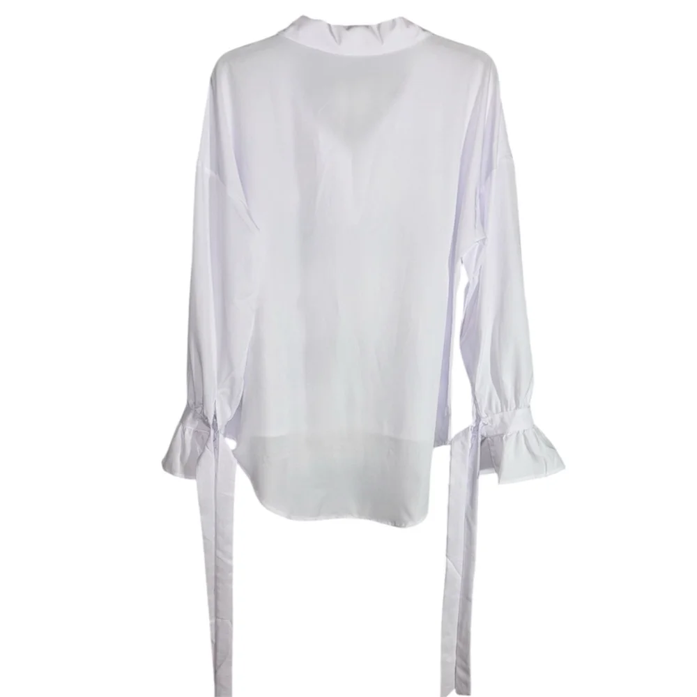 White Oversized Hi-Lo Blouse with Ruffled Cuffs & Tie Sleeves Boutique Size - Picture 9 of 11